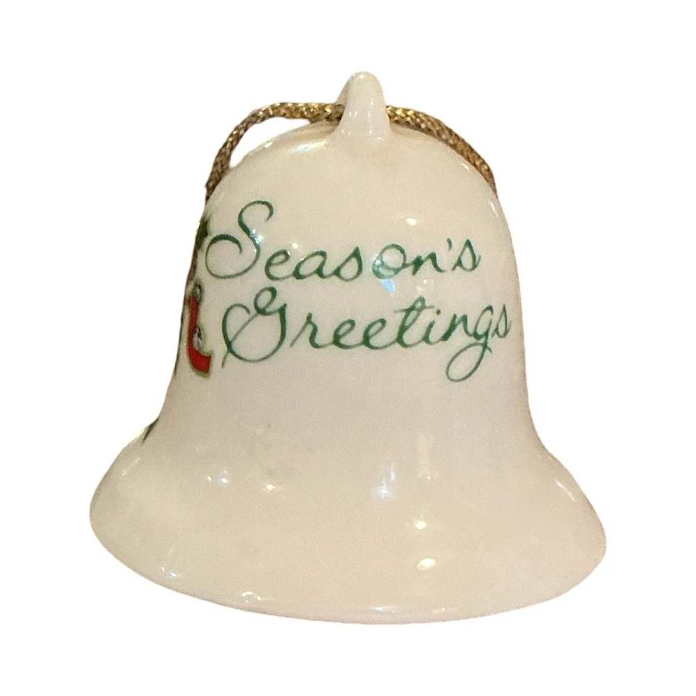 Vintage Ceramic Christmas Bell Ornament Seasons Greetings Holly Red Green 2in
